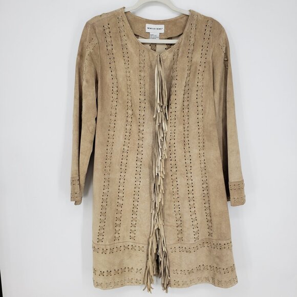 Newport News Vintage Fringe Trim Suede Leather Long Jacket XL Womens Boho Tan - Picture 1 of 9